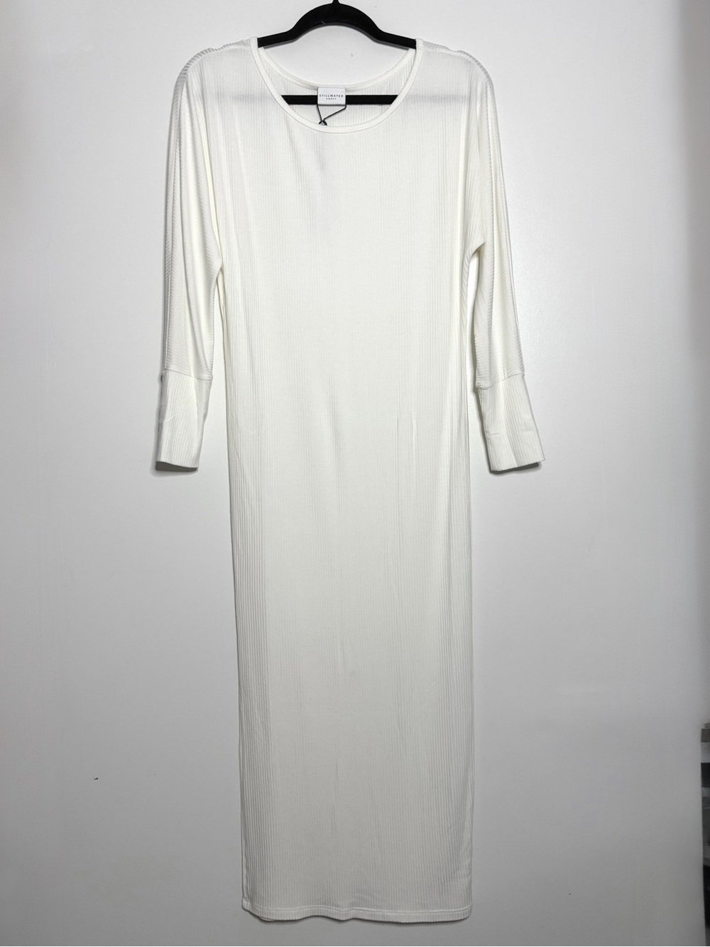 Stillwater Ivory Ribbed Maxi Dress with Long Sleeves & Slit Size Small